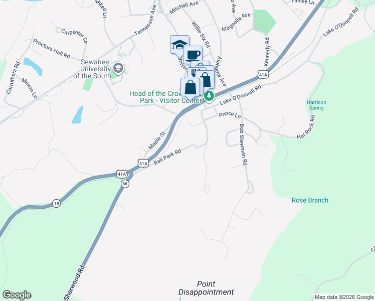 map of restaurants, bars, coffee shops, grocery stores, and more near 293 Ball Park Road in Sewanee