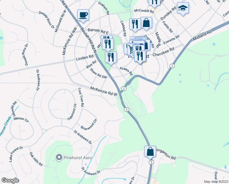 map of restaurants, bars, coffee shops, grocery stores, and more near 285 McKenzie Road West in Pinehurst