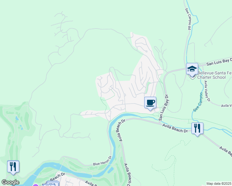 map of restaurants, bars, coffee shops, grocery stores, and more near 6432 Fiddleneck Lane in Avila Beach
