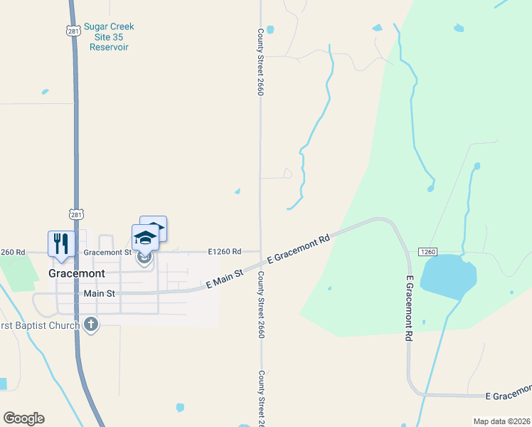 map of restaurants, bars, coffee shops, grocery stores, and more near 25177 County Street 2660 in Gracemont
