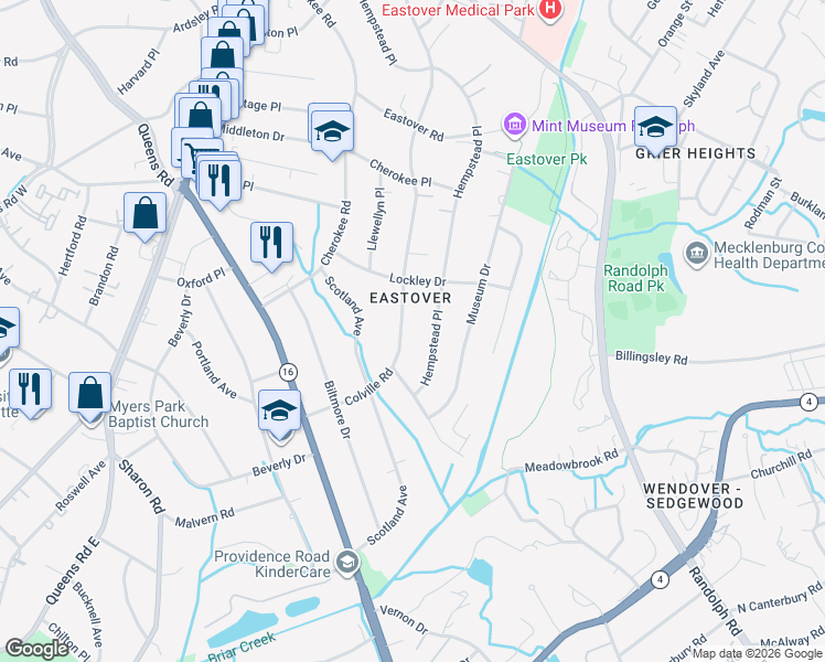 map of restaurants, bars, coffee shops, grocery stores, and more near 801 Colville Road in Charlotte