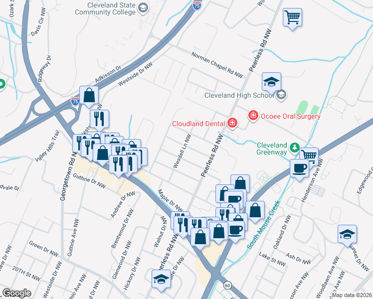 map of restaurants, bars, coffee shops, grocery stores, and more near 2908 Wesdell Lane Northwest in Cleveland