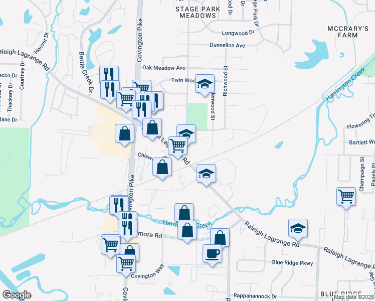 map of restaurants, bars, coffee shops, grocery stores, and more near 5130 Raleigh Lagrange Road in Memphis