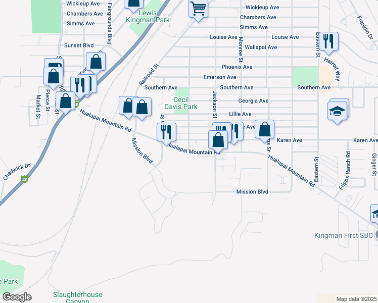 map of restaurants, bars, coffee shops, grocery stores, and more near 2400 Hualapai Mountain Road in Kingman