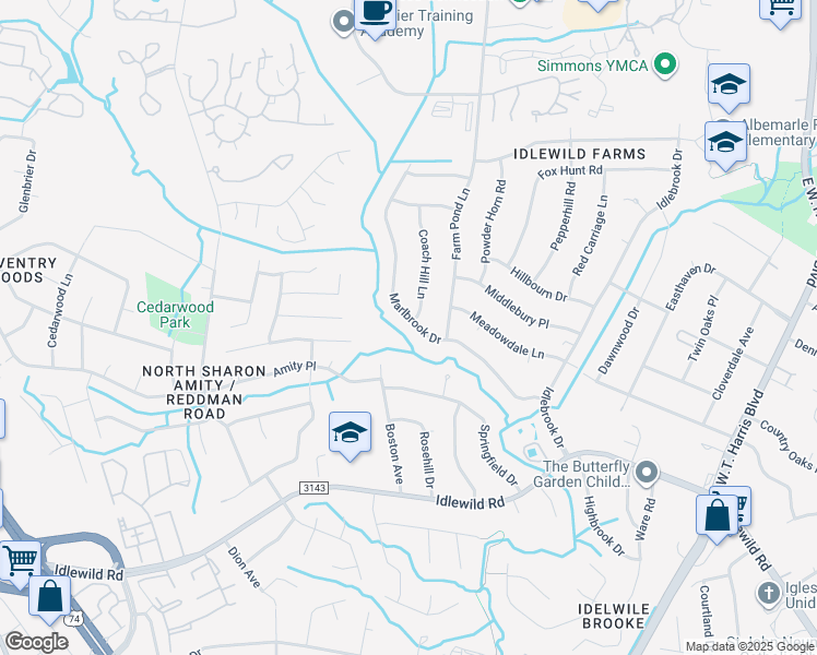 map of restaurants, bars, coffee shops, grocery stores, and more near 7200 Marlbrook Drive in Charlotte