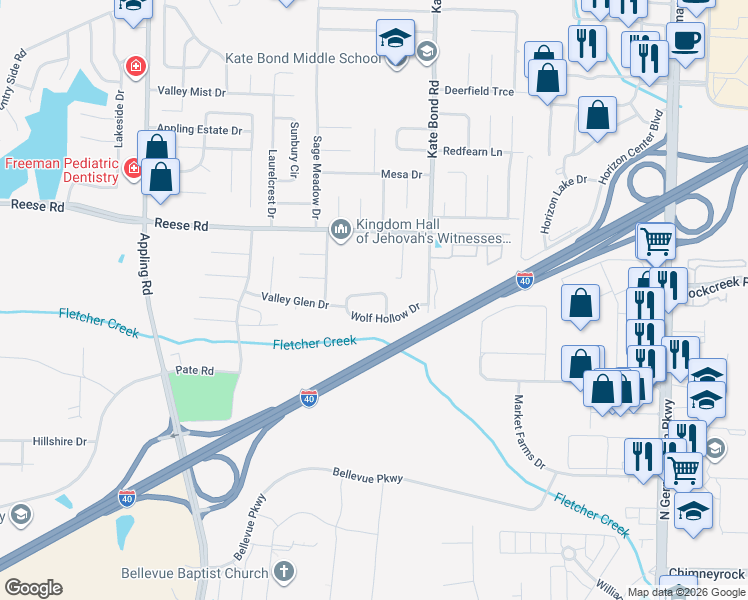 map of restaurants, bars, coffee shops, grocery stores, and more near 7743 Wolfden Circle in Memphis