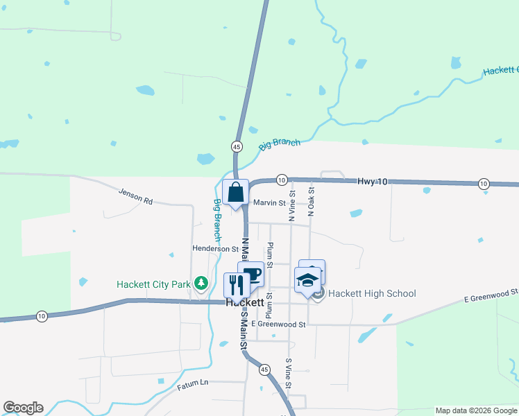map of restaurants, bars, coffee shops, grocery stores, and more near 101 East Cedar Street in Hackett