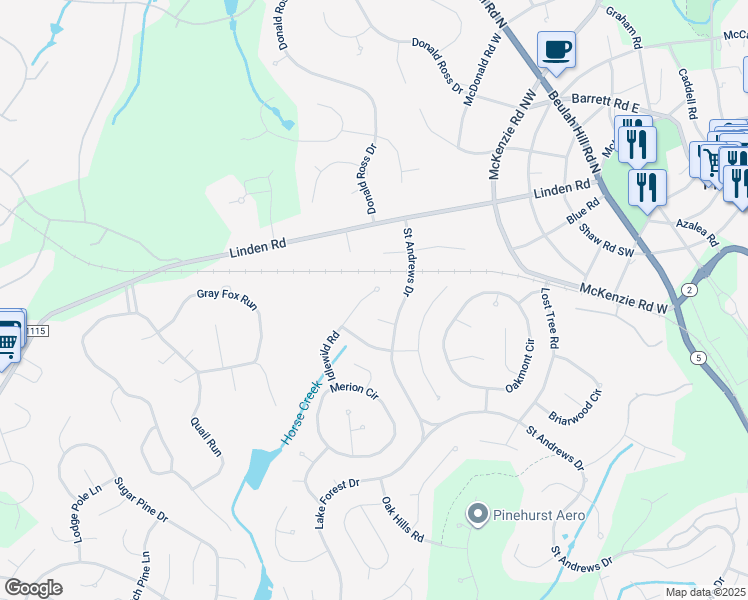 map of restaurants, bars, coffee shops, grocery stores, and more near 30 Idlewild Rd in Pinehurst