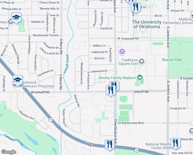 map of restaurants, bars, coffee shops, grocery stores, and more near 2713 Belmont Drive in Norman