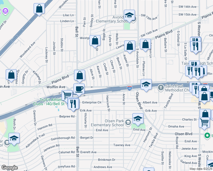 map of restaurants, bars, coffee shops, grocery stores, and more near 1934 Cedar St in Amarillo