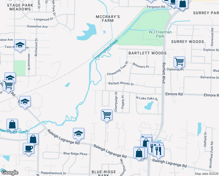 map of restaurants, bars, coffee shops, grocery stores, and more near 5590 Elmore Road in Bartlett