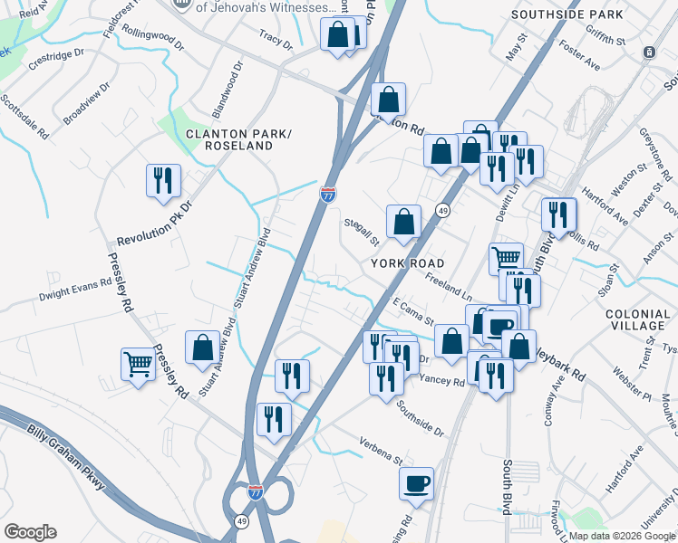 map of restaurants, bars, coffee shops, grocery stores, and more near in Charlotte