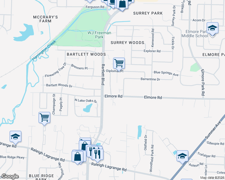map of restaurants, bars, coffee shops, grocery stores, and more near 2414 Fairway Oaks Drive in Bartlett