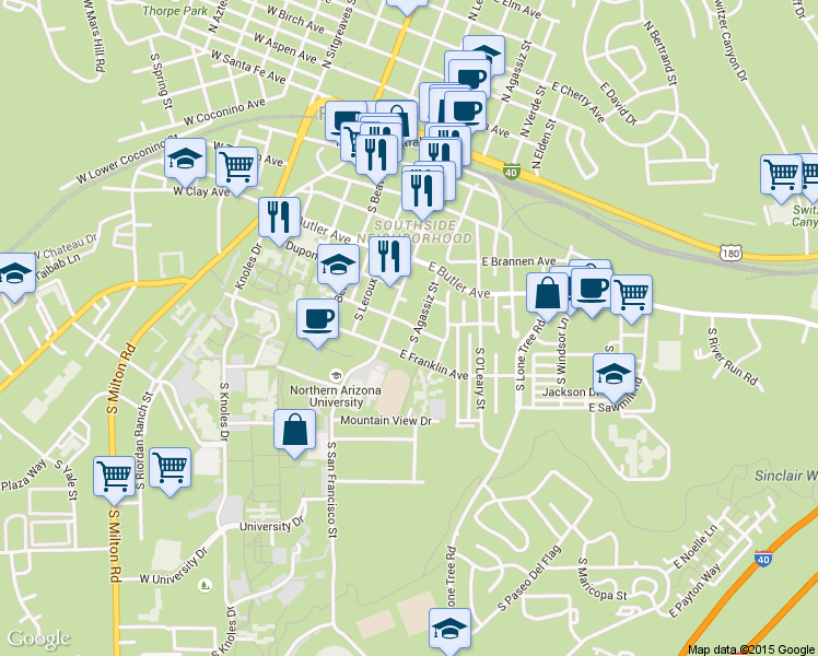 map of restaurants, bars, coffee shops, grocery stores, and more near 424 South WC Riles Drive in Flagstaff