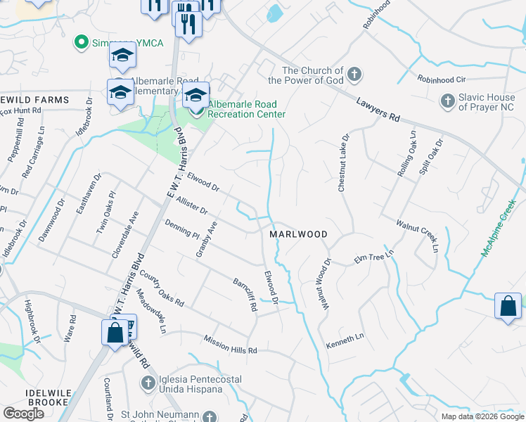 map of restaurants, bars, coffee shops, grocery stores, and more near 7445 Elwood Dr in Charlotte
