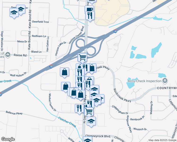 map of restaurants, bars, coffee shops, grocery stores, and more near 2415 Talmadge Place in Memphis