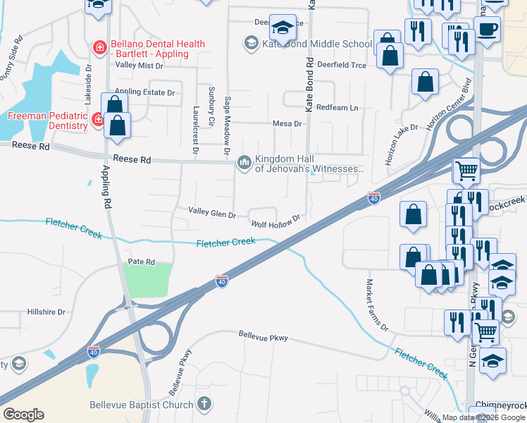 map of restaurants, bars, coffee shops, grocery stores, and more near 7743 Wolfden Circle in Memphis