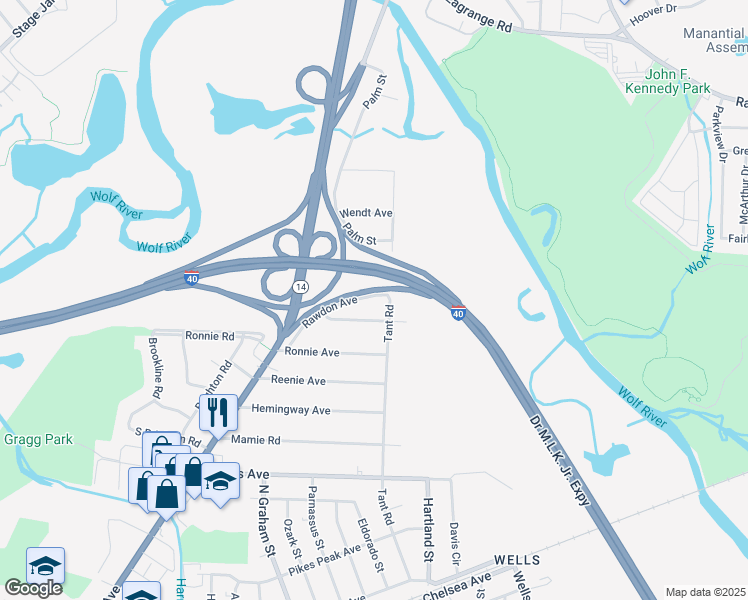 map of restaurants, bars, coffee shops, grocery stores, and more near 4129 Rawdon Avenue in Memphis