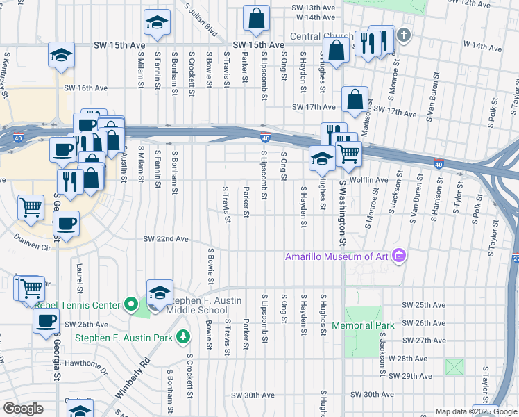 map of restaurants, bars, coffee shops, grocery stores, and more near 2039 South Lipscomb Street in Amarillo
