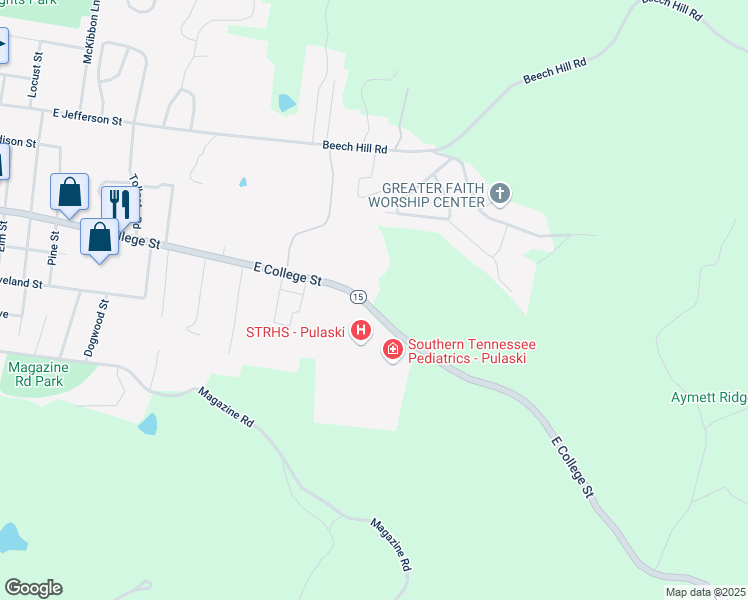map of restaurants, bars, coffee shops, grocery stores, and more near 1264 Fayetteville Highway in Pulaski