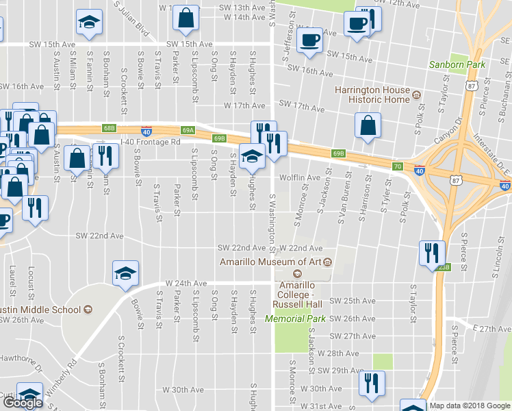 map of restaurants, bars, coffee shops, grocery stores, and more near 2045 Hughes Street in Amarillo