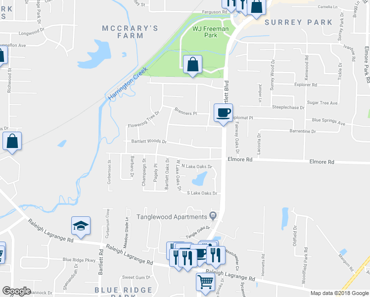 map of restaurants, bars, coffee shops, grocery stores, and more near 5723 Bartlett Woods Drive in Memphis