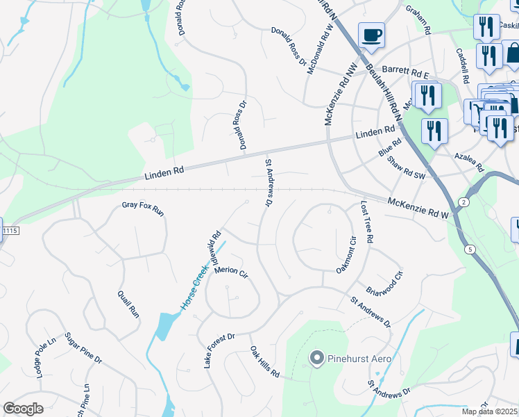 map of restaurants, bars, coffee shops, grocery stores, and more near 75 Saint Andrews Drive in Pinehurst