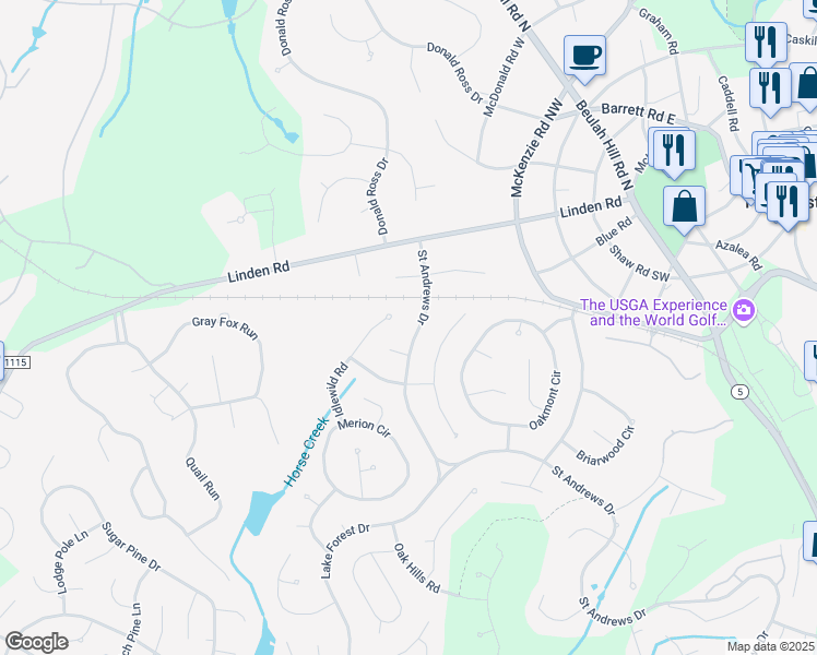 map of restaurants, bars, coffee shops, grocery stores, and more near 75 Saint Andrews Drive in Pinehurst