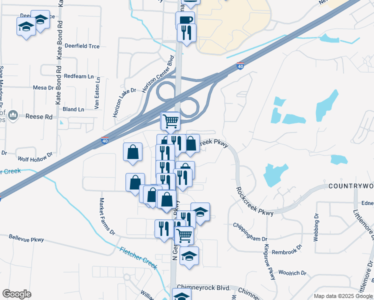 map of restaurants, bars, coffee shops, grocery stores, and more near 2415 Talmadge Place in Memphis