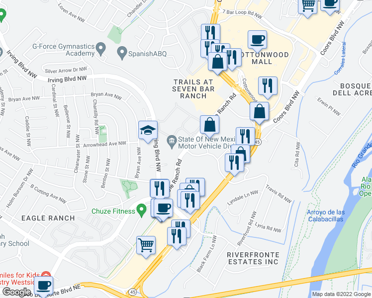 map of restaurants, bars, coffee shops, grocery stores, and more near Westside Drive Northwest in Albuquerque