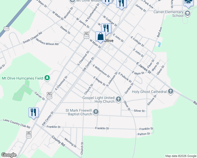 map of restaurants, bars, coffee shops, grocery stores, and more near 201 East Maple Street in Mount Olive