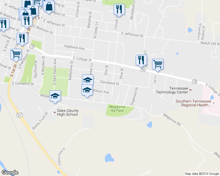 map of restaurants, bars, coffee shops, grocery stores, and more near 516 South Ingram Street in Pulaski