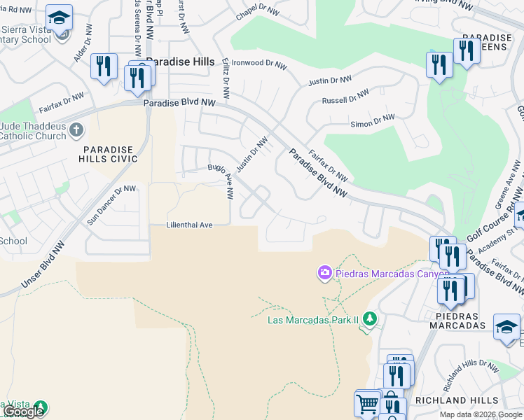 map of restaurants, bars, coffee shops, grocery stores, and more near 9716 Cassidy Drive Northwest in Albuquerque