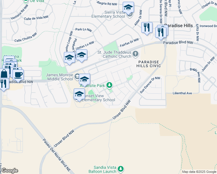 map of restaurants, bars, coffee shops, grocery stores, and more near 9601 Andesite Drive Northwest in Albuquerque
