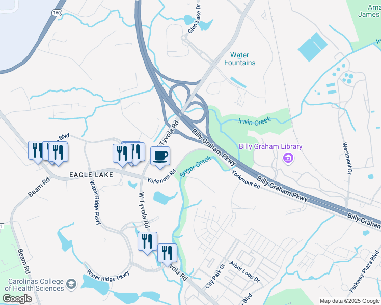 map of restaurants, bars, coffee shops, grocery stores, and more near 2300 Yorkmont Road in Charlotte