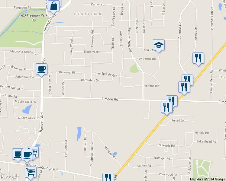 map of restaurants, bars, coffee shops, grocery stores, and more near 6120 Elmore Road in Bartlett
