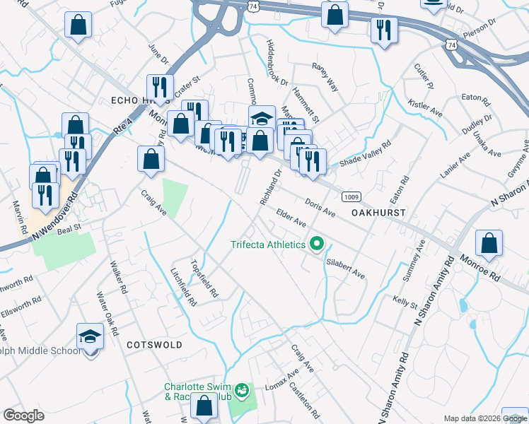 map of restaurants, bars, coffee shops, grocery stores, and more near 1422 Richland Drive in Charlotte