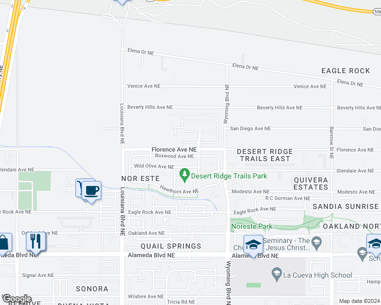 map of restaurants, bars, coffee shops, grocery stores, and more near 7335 Boxwood Avenue Northeast in Albuquerque