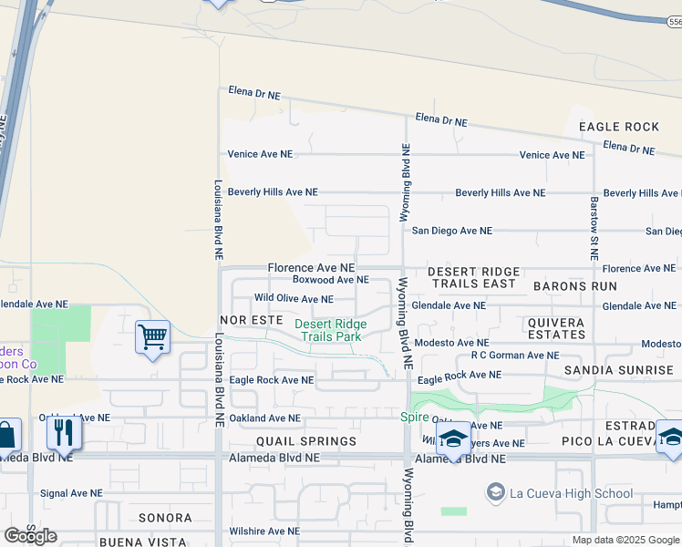 map of restaurants, bars, coffee shops, grocery stores, and more near 7335 Boxwood Avenue Northeast in Albuquerque