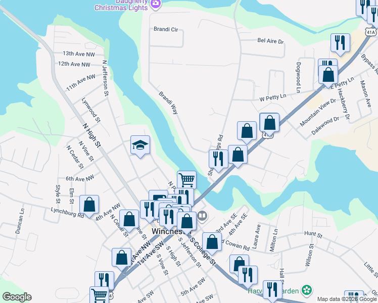 map of restaurants, bars, coffee shops, grocery stores, and more near 107 Brandi Way in Winchester