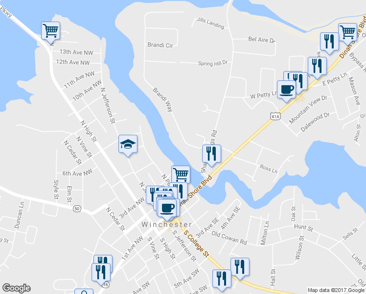 map of restaurants, bars, coffee shops, grocery stores, and more near 107 Brandi Way in Winchester