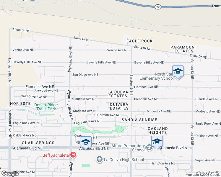 map of restaurants, bars, coffee shops, grocery stores, and more near 8032 Florence Avenue Northeast in Albuquerque