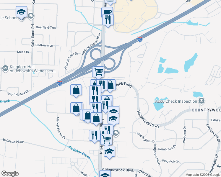 map of restaurants, bars, coffee shops, grocery stores, and more near 2416 Talmadge Place in Memphis