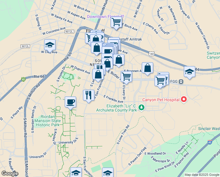 map of restaurants, bars, coffee shops, grocery stores, and more near 424 South WC Riles Drive in Flagstaff