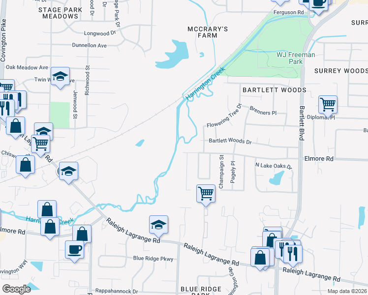 map of restaurants, bars, coffee shops, grocery stores, and more near 5518 Elmore Road in Bartlett