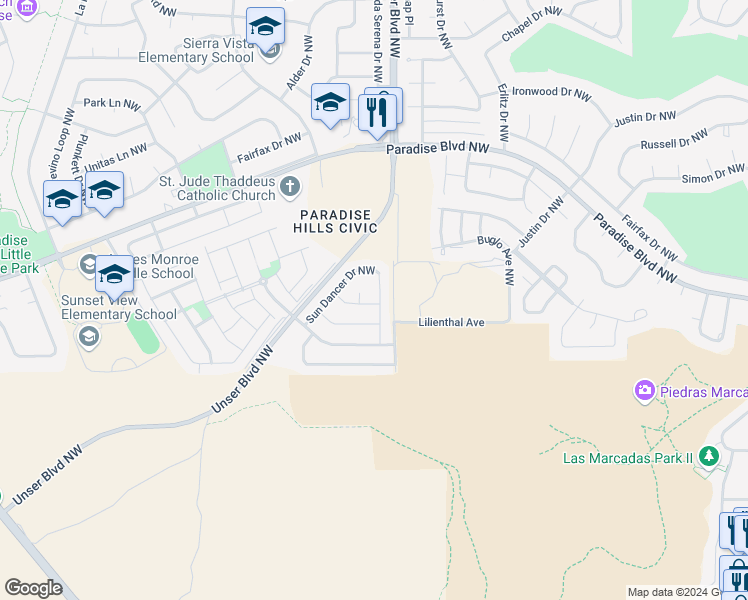 map of restaurants, bars, coffee shops, grocery stores, and more near 9601 Jacks Creek Drive Northwest in Albuquerque