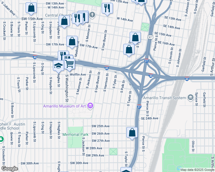map of restaurants, bars, coffee shops, grocery stores, and more near 1931 South Harrison Street in Amarillo