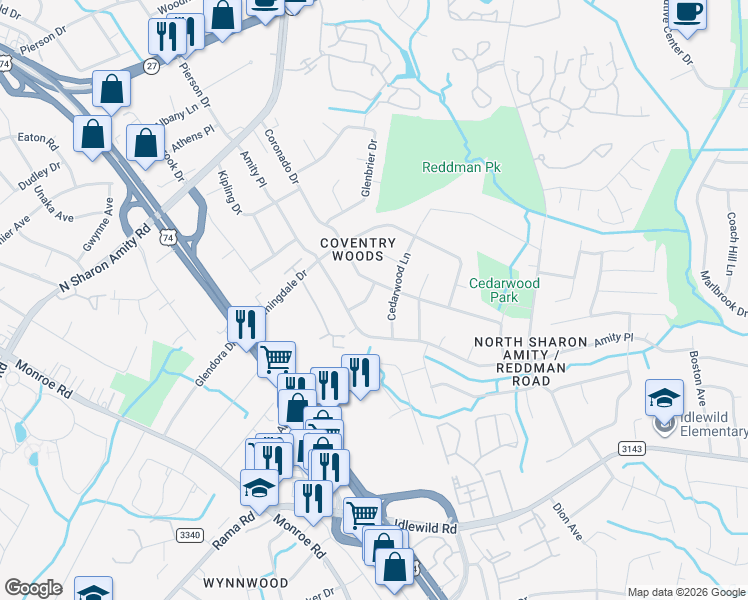 map of restaurants, bars, coffee shops, grocery stores, and more near 1026 Vandalia Drive in Charlotte