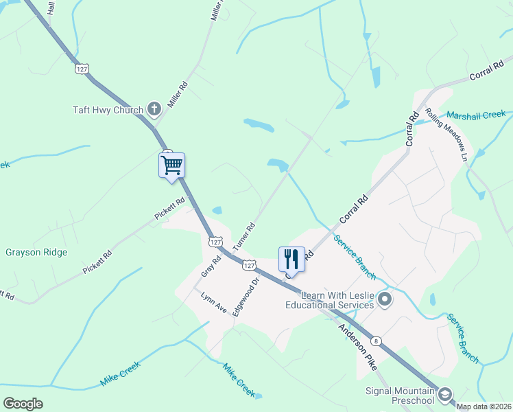 map of restaurants, bars, coffee shops, grocery stores, and more near 19 Country Lane in Signal Mountain