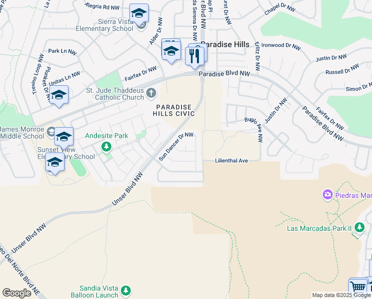 map of restaurants, bars, coffee shops, grocery stores, and more near 5616 Red River Road Northwest in Albuquerque